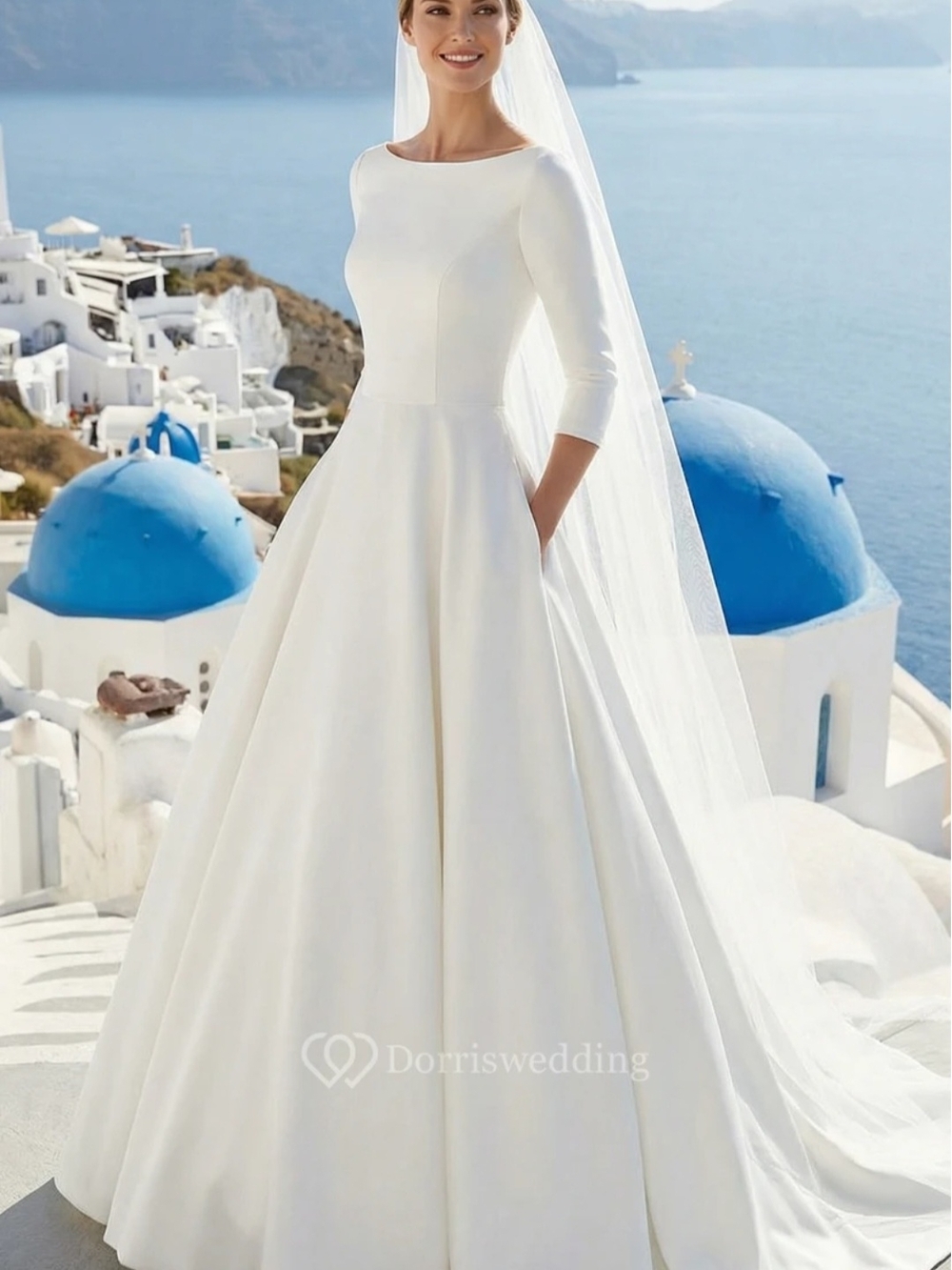 Modest Conservative Christian Wedding Dress, High Neckline, 3/4 Sleeves, Long